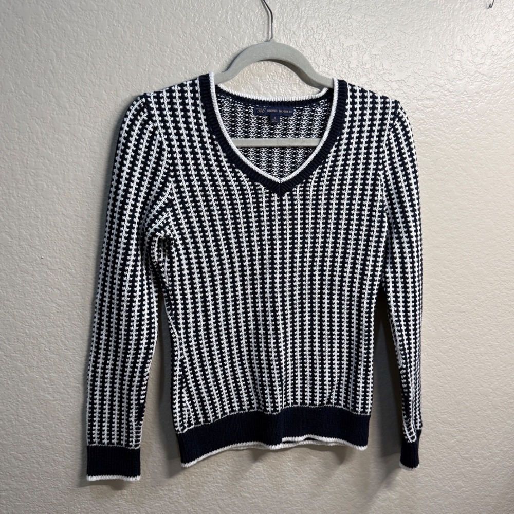 Brooks Brothers 346 V Neck Sweater Blue White Houndstooth Knit Size S‎